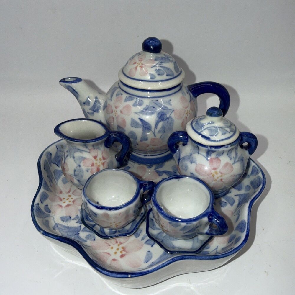 Vintage Floral Tea Set Miniature Pink Leaves READ